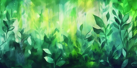 Fototapeta na wymiar Abstract backdrop with watercolor vegetation in green. Generative Ai.