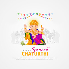 Vector illustration of Lord Ganpati background for Ganesh Chaturthi with dhol tasha. - obrazy, fototapety, plakaty