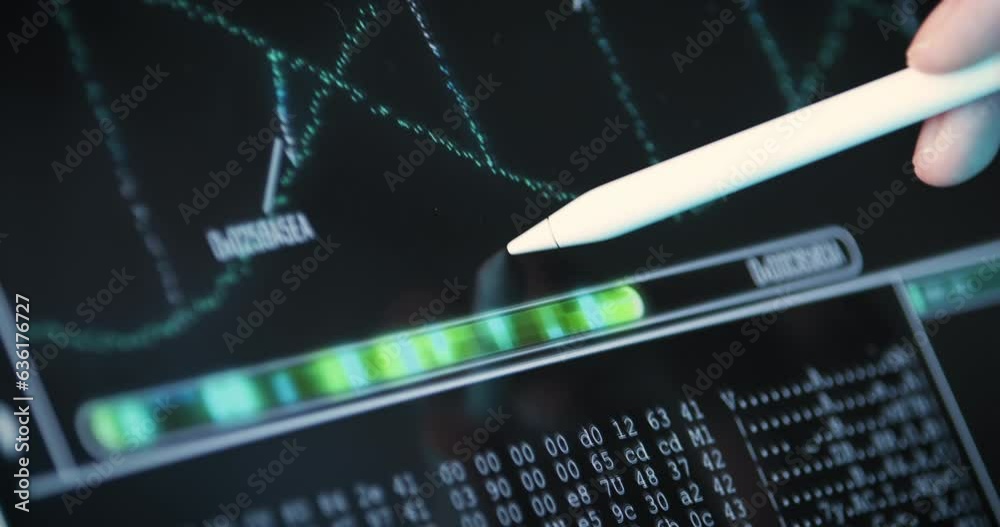 Wall mural input pen stylus on tablet screen shows various data, financial graphs, analyses and scrolls through