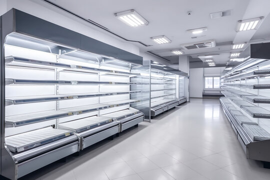 Open White, Clean And Empty Refrigerated Shelves In A Newly Built Supermarket With Lots Of Light Are Waiting To Be Filled On The Sales Floor - Generative AI