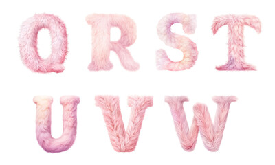 Watercolor cute soft pink fluffy adorable knitted kawaii letters. Сapital letters of the English alphabet: q, r, s, t, u, v, w