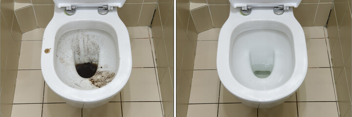 Toilet bowl before and after cleaning from dirt and clogging of the pipe. After the domestic...