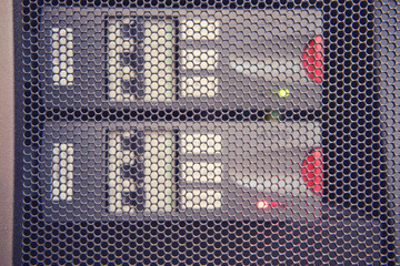 UPS module battery alarm in server room, red light warning error