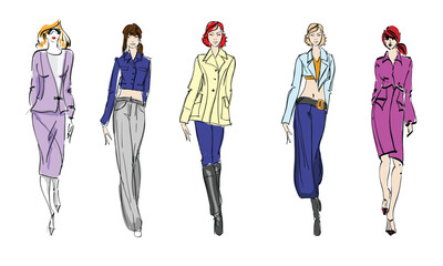 Fototapeta premium Beautiful young girl in stylish clothes. Fashion woman look. Sale concept. Hand-drawn fashion illustration. Cute girl in fashion clothes
