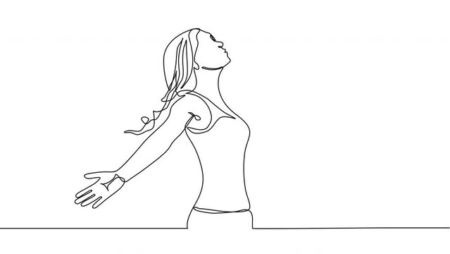 Continuous Line Art or Single Line Drawing of a Woman Extending arms in relaxed Pose on White Background