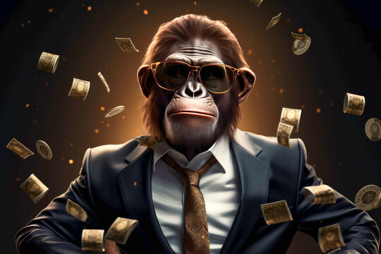 Chimpanzee in modern suit with sunglasses, cash money is flying - Powered by Adobe