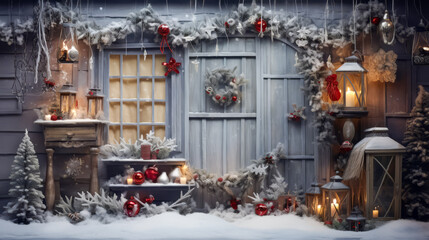 winter yard with Christmas decorations and Christmas tree, space for text. Christmas background
