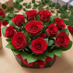 Obraz premium Fresh red roses in the decorative bouquet. Gifting Flowers and background. Generative AI 