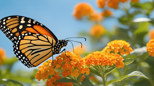 beautiful spring summer image of monarch butterfly on orange lantana flower against blue sky on brig 