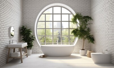 Fototapeta na wymiar Modern white brick bathroom interior with window Gener