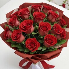 Fresh red roses in the decorative bouquet. Gifting Flowers and background. Generative AI
