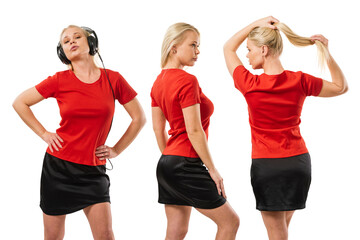 Young woman wearing blank red shirt and black skirt - 636179712