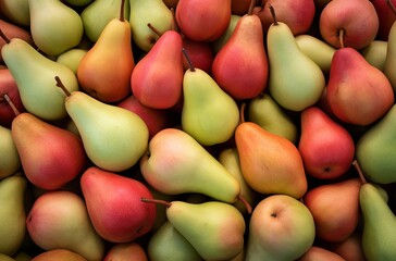 Fresh pears with leaves as background