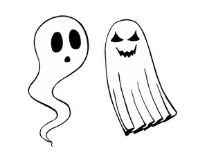 Two different ghosts are drawn with a black line on a white background. One ghost is drawn with a wave, has round eyes and a mouth. Another has triangular eyes and a mouth with teeth, a sheet ghost. H