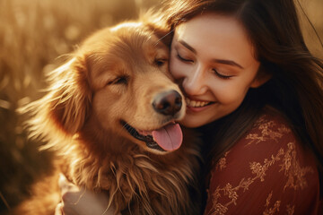 Young asian Woman smiling and hugging her dog at golden sunset light, close up face