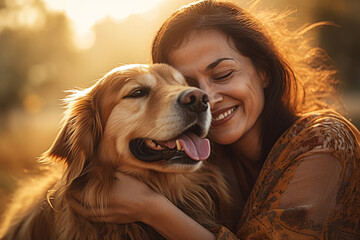 Mature indian Woman smiling and hugging her dog at golden sunset light, close up face