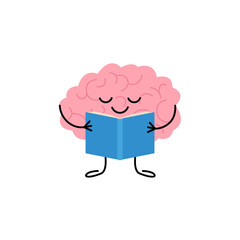 Brain with book, cute child character for knowledge, education. Happy brain reading book. Vector