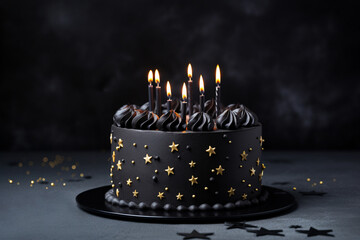Black decorated birthday cake with candles on black background