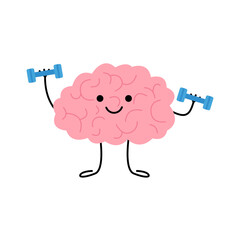Brain training, sport, doing exercise in education, cute character. Mind power. Brain character lifting dumbbells. Vector
