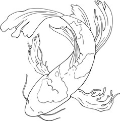 Obraz premium Japanese carp fish. Linear illustration, top view. Freehand drawing detailing the tail and fins. Vector image for quality printing. Japanese carp swims in the water. From the ZODIAC collection. Vector