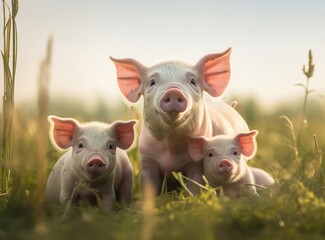 beautiful pigs on green meadow