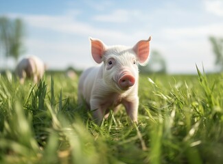 little pig on green meadow