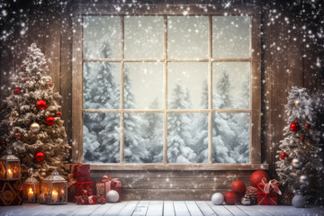 Christmas scene with tree and decorations, lights, balls, gifts in living room and window in center