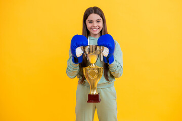boxing winner in sport sompetition. sport girl boxing. Accomplished teen boxing champion. young...