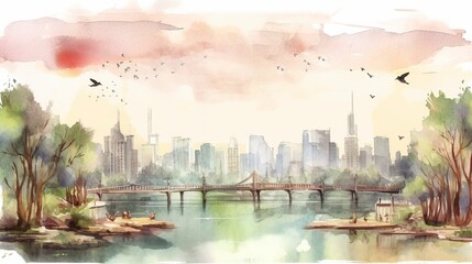 Obraz premium painted panorama of the city on river