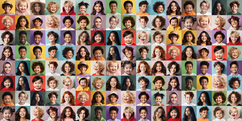 Portraits of many happy children and teenagers as a panorama