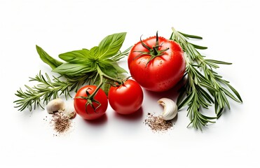 Tomato and spices isolated on white