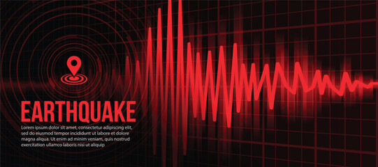 Earthquake Concept - Red light line Frequency seismograph waves cracked and Circle Vibration on perspective grid background Vector illustration design