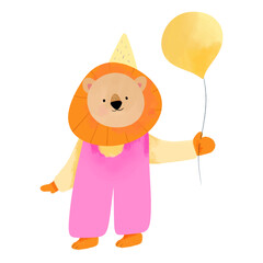 Cute vector little lion with balloon, colorful postcard, invitation on transparent background, watercolor.