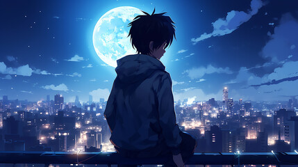 photo anime boy looking at the moon in the city night