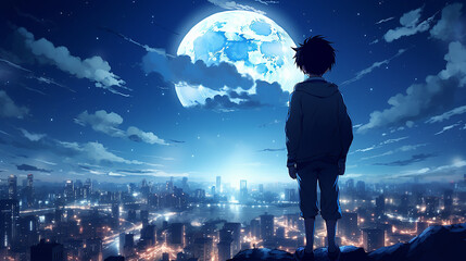 photo anime boy looking at the moon in the city night
