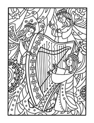 Celtic harp and fairies. Funny cartoon characters. Black and white outline for colouring. Fairy illustration. 
