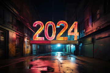 Neon sign number 2024, happy new year 3d text celebration party. Happy 2024 holiday symbol. Copy space lay out text banner for greeting card. Futuristic dark night city mood.