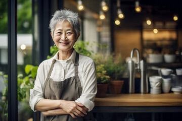 Senior woman barista grandma aged society coffee business concept