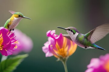 Fototapeta premium Illustration A hummingbird flies near the flower .generative AI