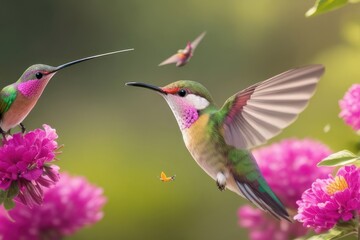 Fototapeta premium Illustration A hummingbird flies near the flower .generative AI