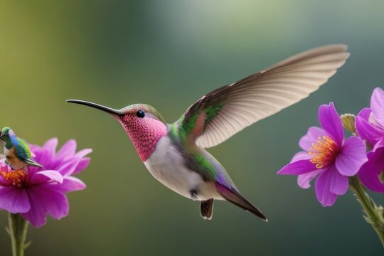 Illustration A hummingbird flies near the flower .generative AI
