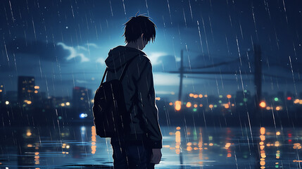 A person in the rain  Anime boy standing in rain - Powered by Adobe