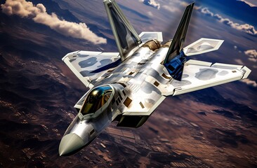 Military F 22 fighter jet flying - obrazy, fototapety, plakaty