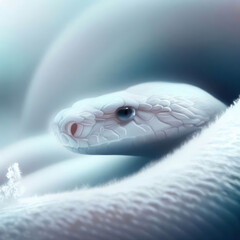 Illustration A white snake curled up in the cold snow.generative AI