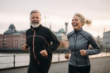 Healthy lifestyle: middle-aged Caucasian couple during morning running workout. Keeping fit in your 40s