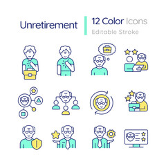 Fototapeta premium 2D editable multicolor thin line icons set representing unretirement, isolated vector, linear illustration.