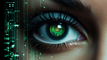 Woman focus eye look digital science system concept vision futuristic computer green technology person human