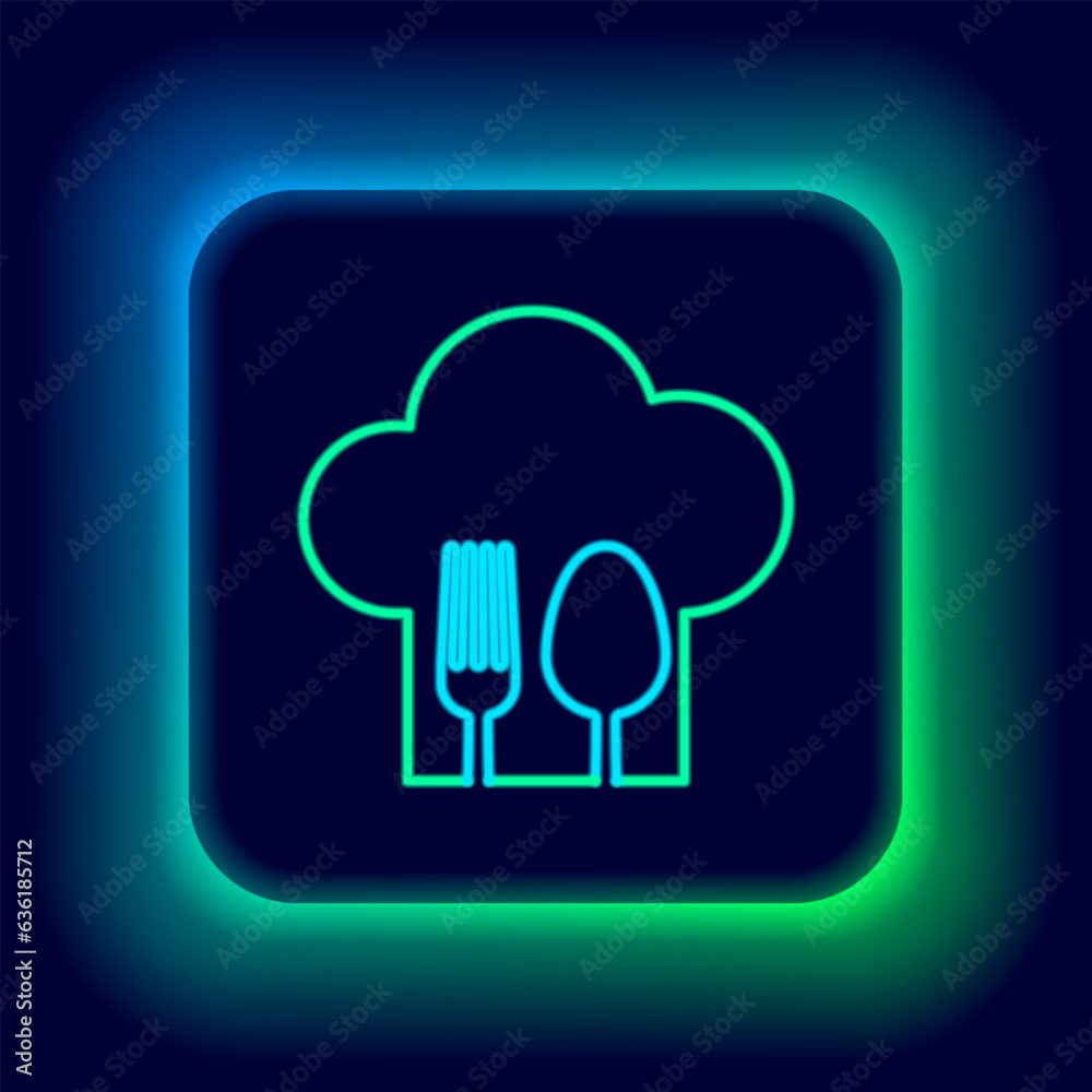 Poster glowing neon line chef hat with fork and spoon icon isolated on black background. cooking symbol. re