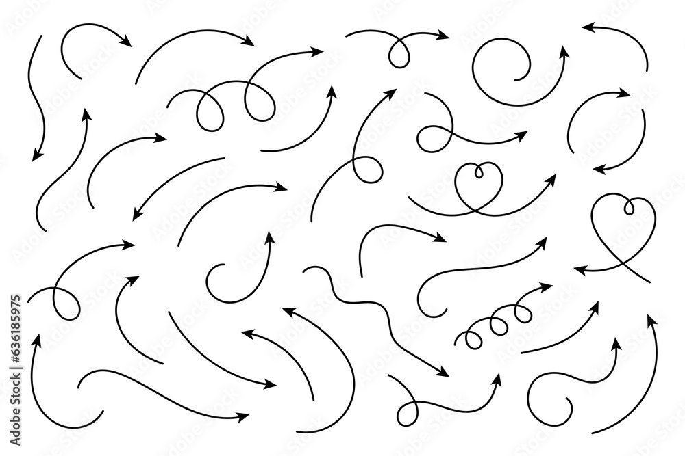 Wall mural set of vector hand drawn curved arrows. collection of pointers. vector illustration.