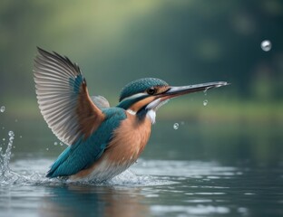 Illustration of a kingfisher leaping from the surface of the water.generative AI
